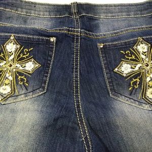 Distressed Bling Cross Pocket Bootcut Jeans